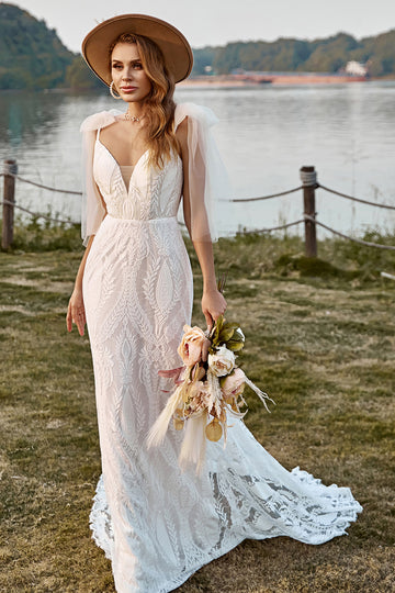 Sirena Marfil Encaje Boho Vestido de Novia Con Moños